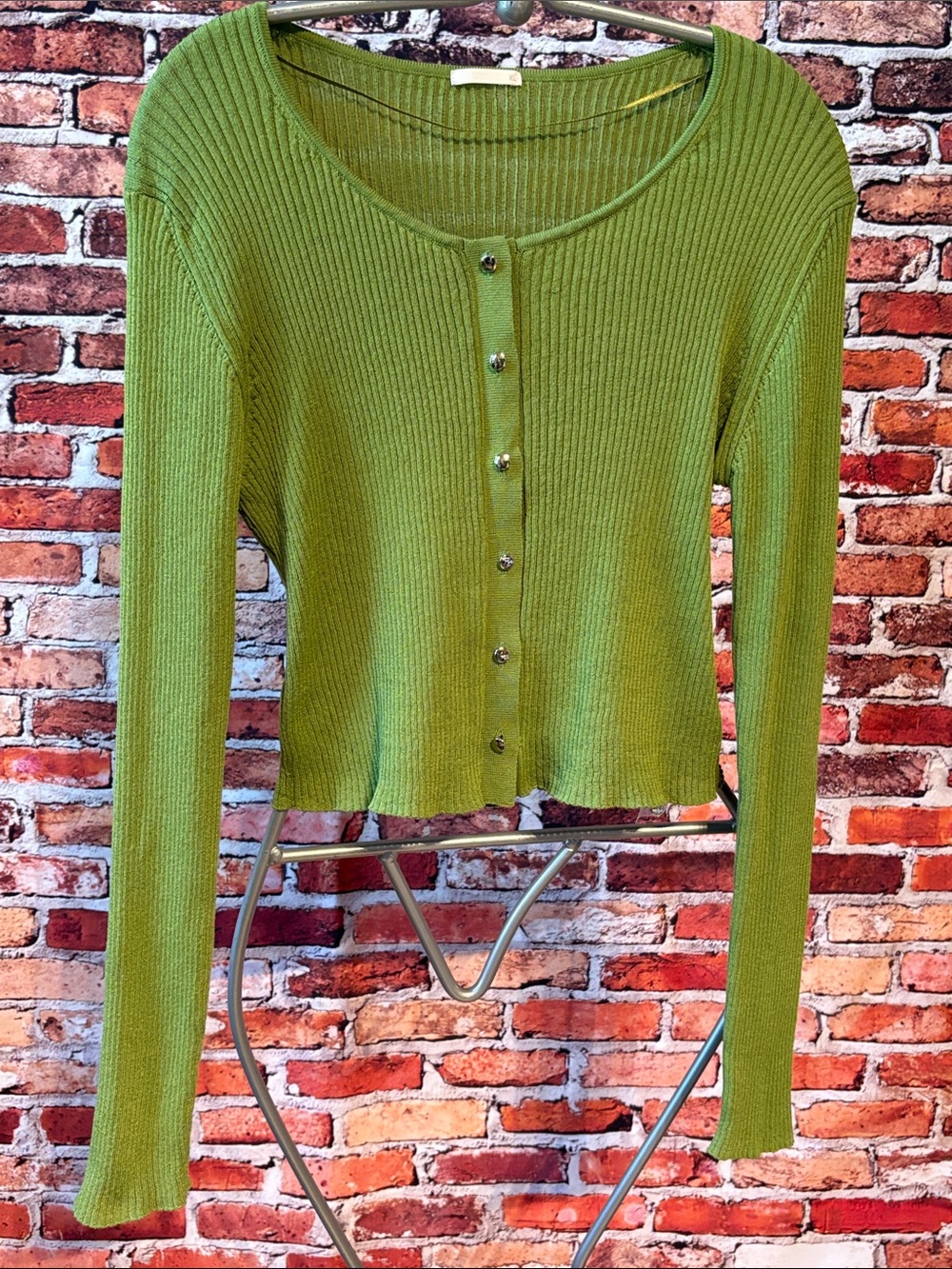 GU Olive Green Ribbed Silver Button-Front Women's Cardigan Sweater Size Medium